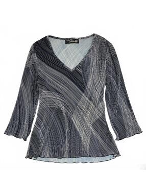 Vintage Canada Made Studio Mode Blue Plisse V Neck Blouse Quarter Sleeve Sz M